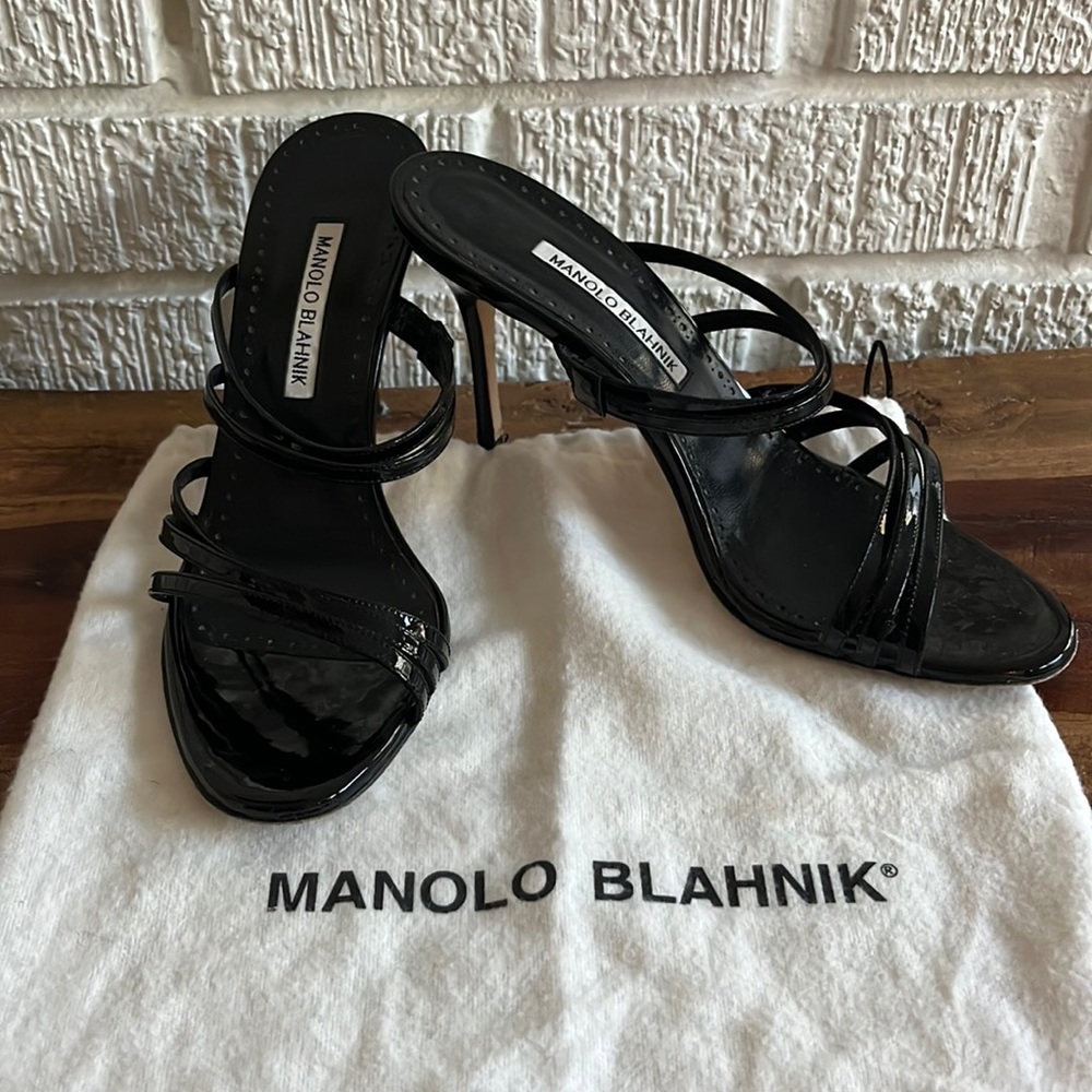 Manolo Blahnik Black Patent Strappy Stiletto Sandals